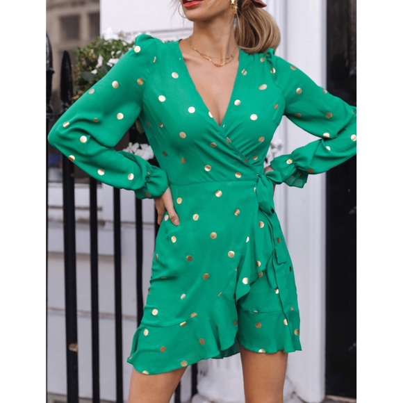MBM Unlimited Dresses & Skirts - Green Gold Polka Dot Ruffle Wrap Mini Dress